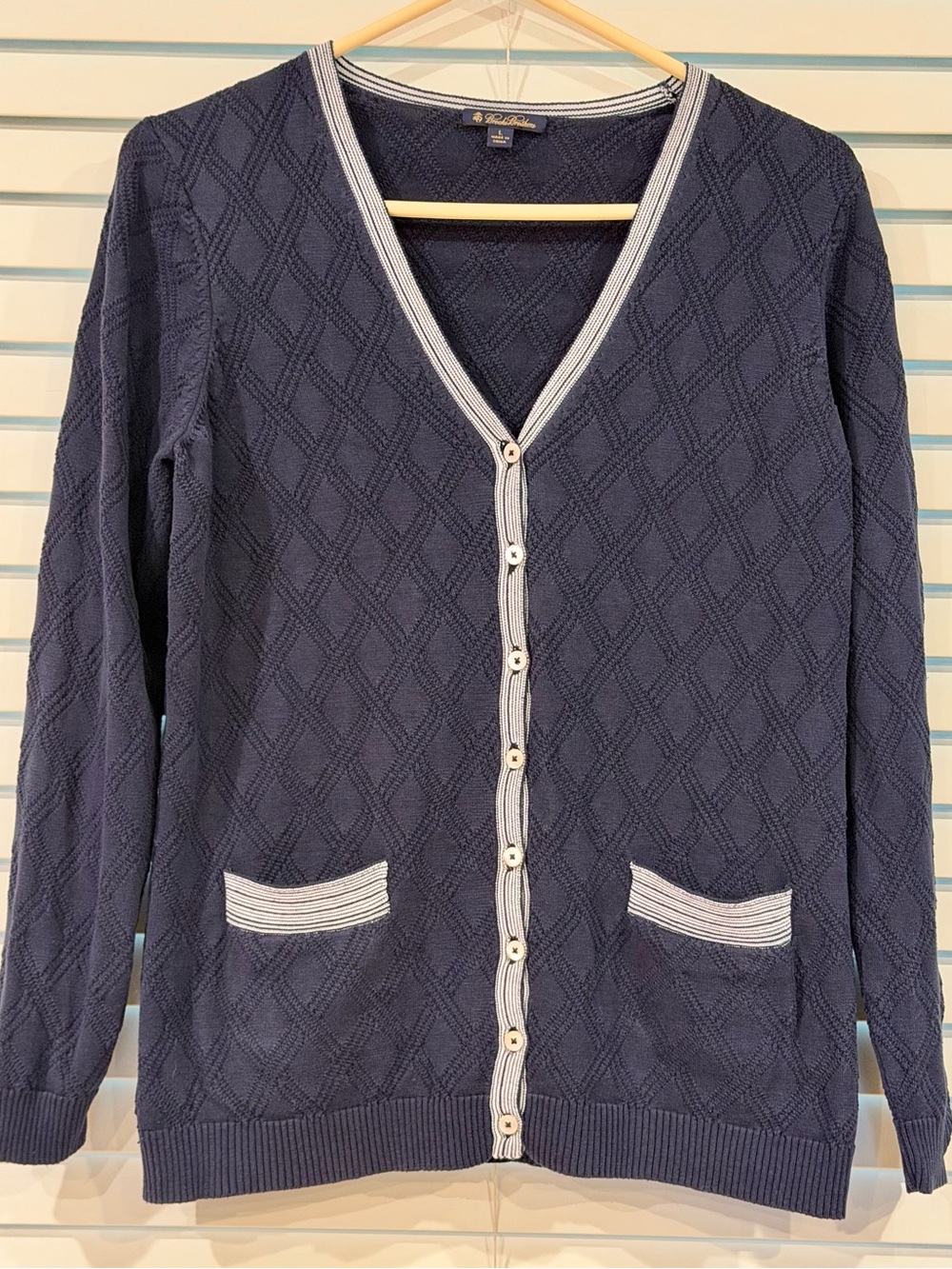 Brooks Brothers Navy Blue Diamond Knit Cardigan Sweater Womens L